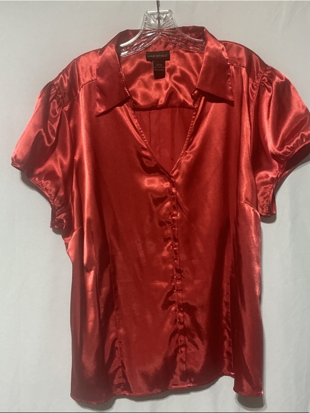Lane Bryant Shiny Red Satin Silky Button Up Poly Blouse Sz 22/24